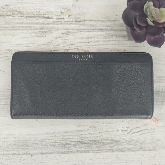 Ted Baker Black Leather Zip Around Rose Gold Accents Billfold Wallet Clutch - Picture 1 of 6